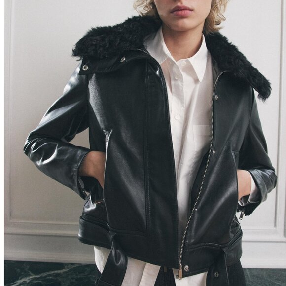 ZARA Women $349 100% Leather Jacket Black Removable faux fur collar XS NWT - Picture 3 of 13